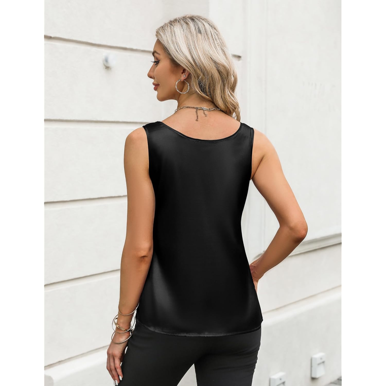 Women's Silk Satin Scoop Neck Tank Top Black
