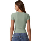 QINSEN Short Sleeve Shirts for Women Round Neck Basic Double Lined Tees Fitted Y2k Crop Tops