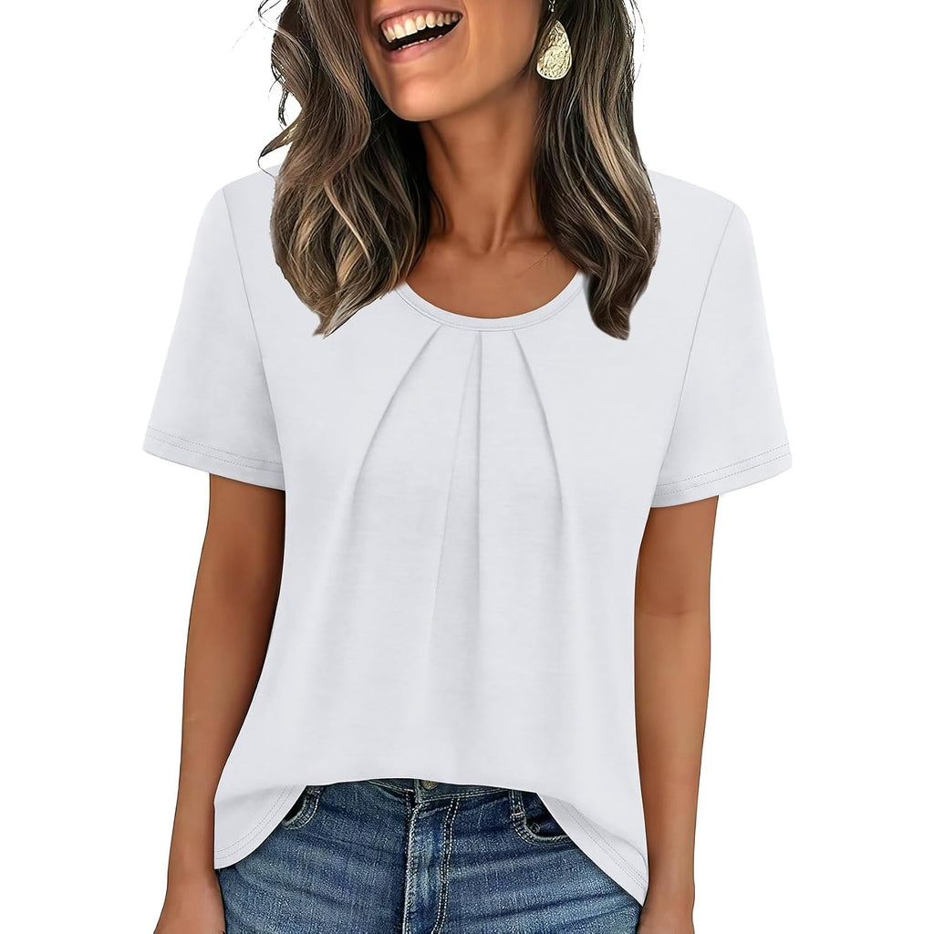 WIHOLL Women T Shirts Pleated Short Sleeve Tops Business Casual Dressy Blouses