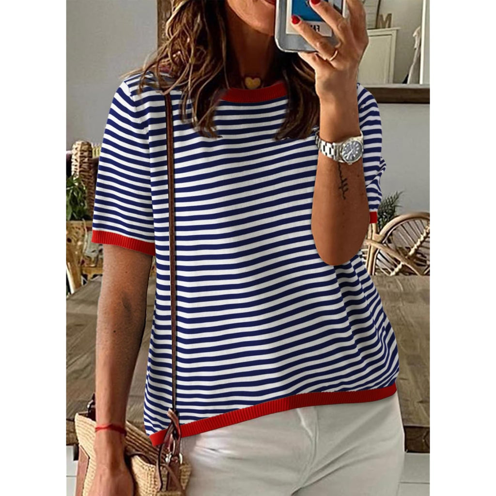 Dokotoo Womens Tops 2026 Casual Summer Crewneck Short Sleeve Striped Color Block Knit High Low Trendy Pullover Sweaters