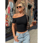 Trendy Queen Womens Off The Shoulder Short Sleeve Y2k Tops Going Out Crop T-Shirts 2026 Cute Summer Clothes