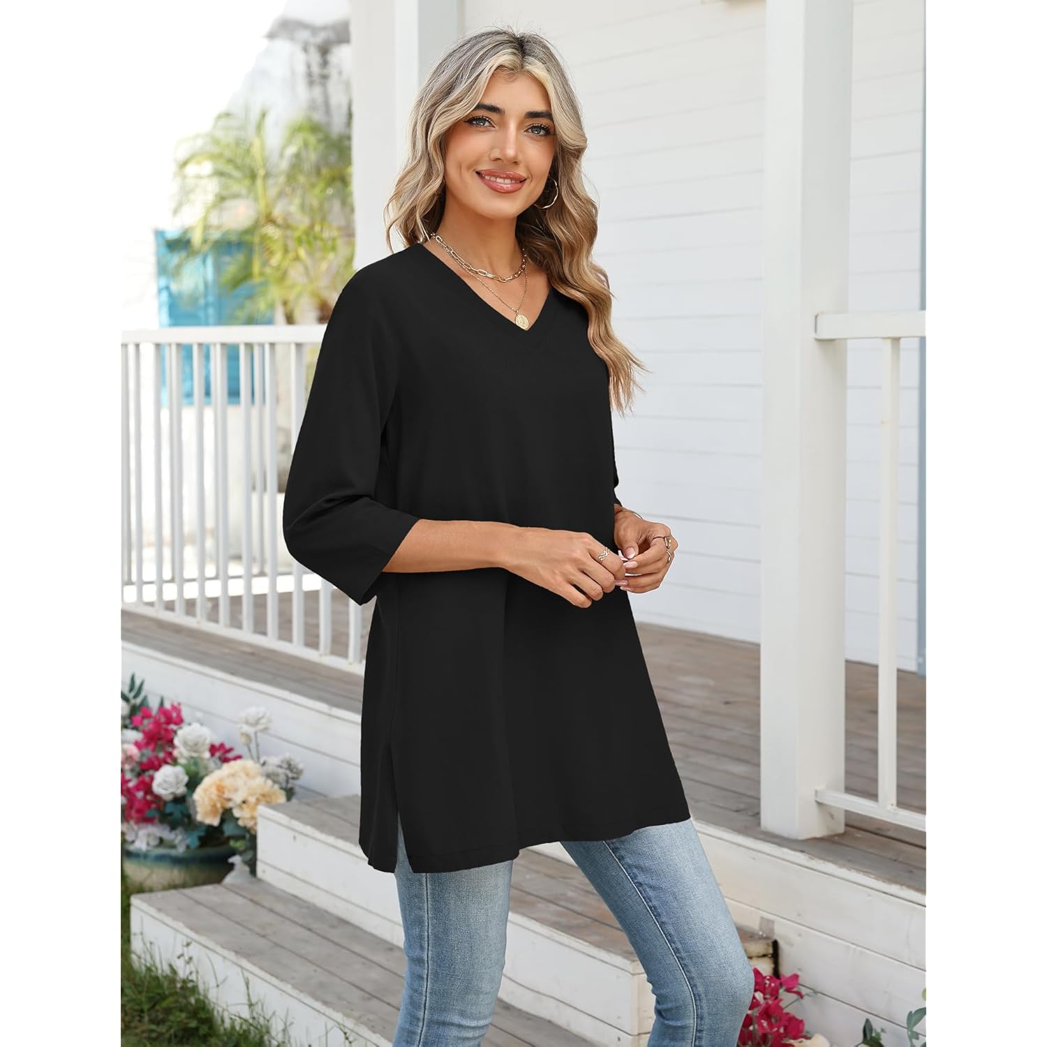Women's Cotton Linen Tunic Top Black