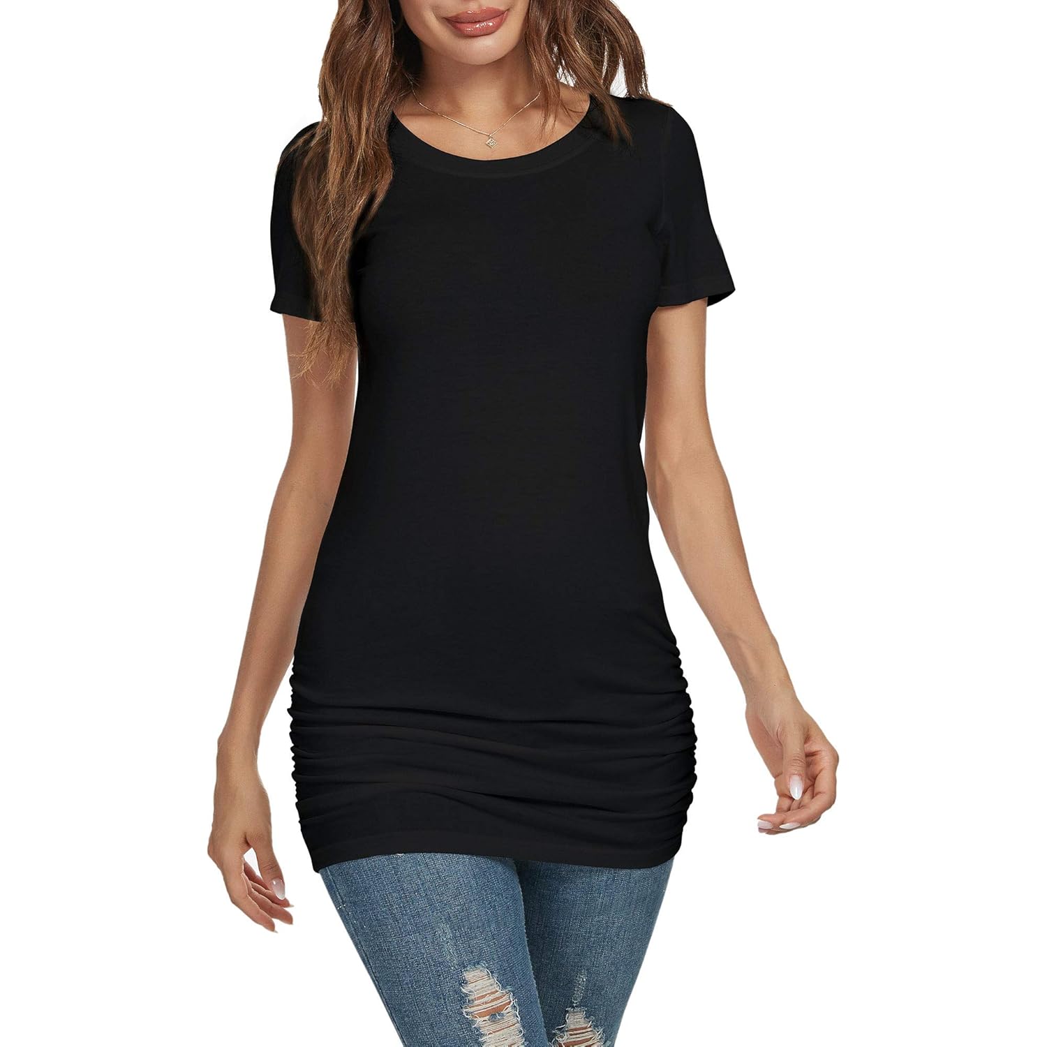 Women's Ruched Crew Neck Tunic Top Black