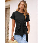 ANRABESS Womens Tops Summer Short Sleeve Crewneck Tie Waist Shirts Dressy Casual Blouse Tee 2026 Business Work Trendy Clothes