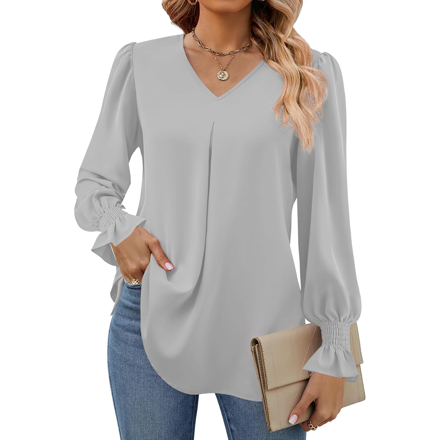 Women's Chiffon Work V-Neck Tunic Top Grey