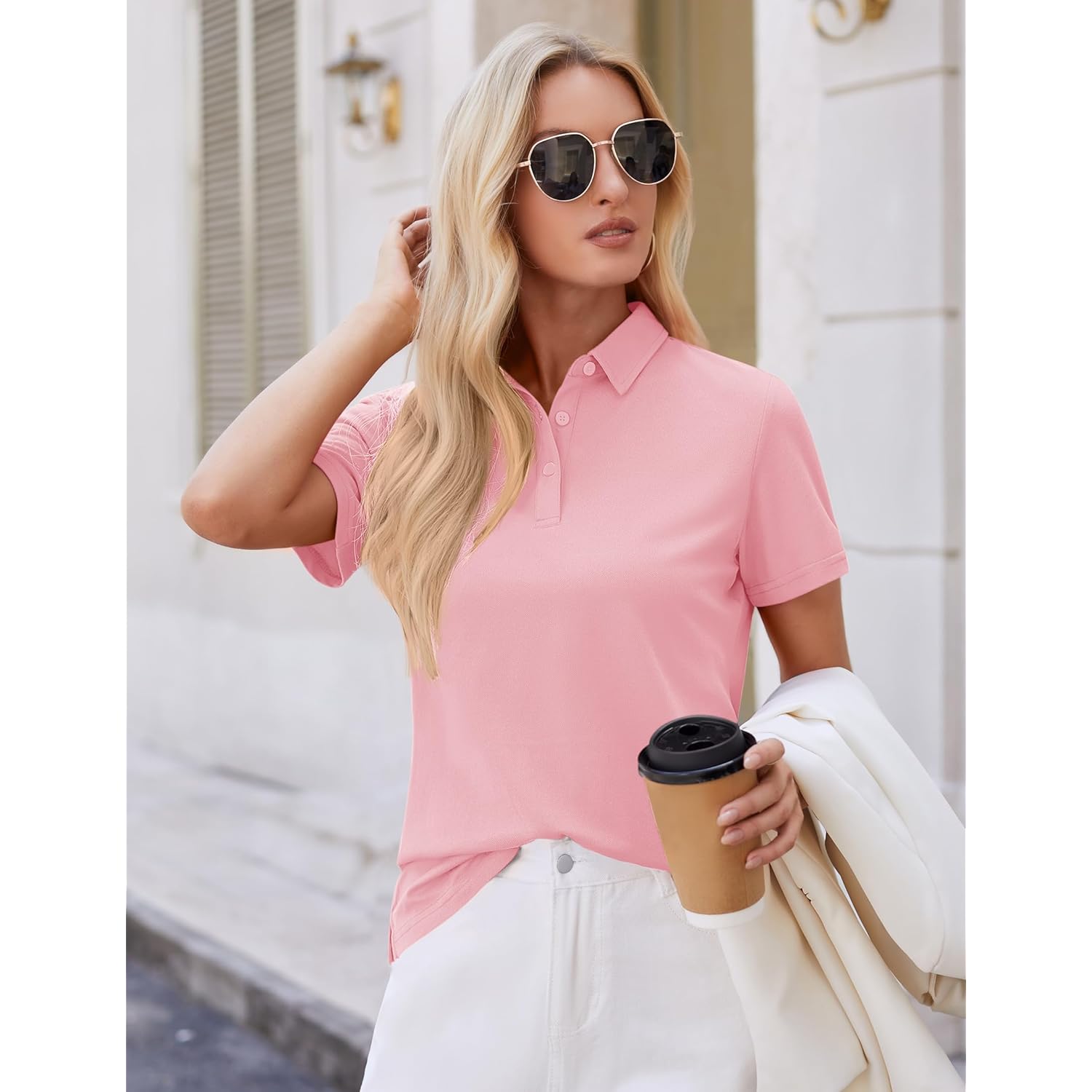 Women's 3-Button Cotton Polo Shirt Light Pink