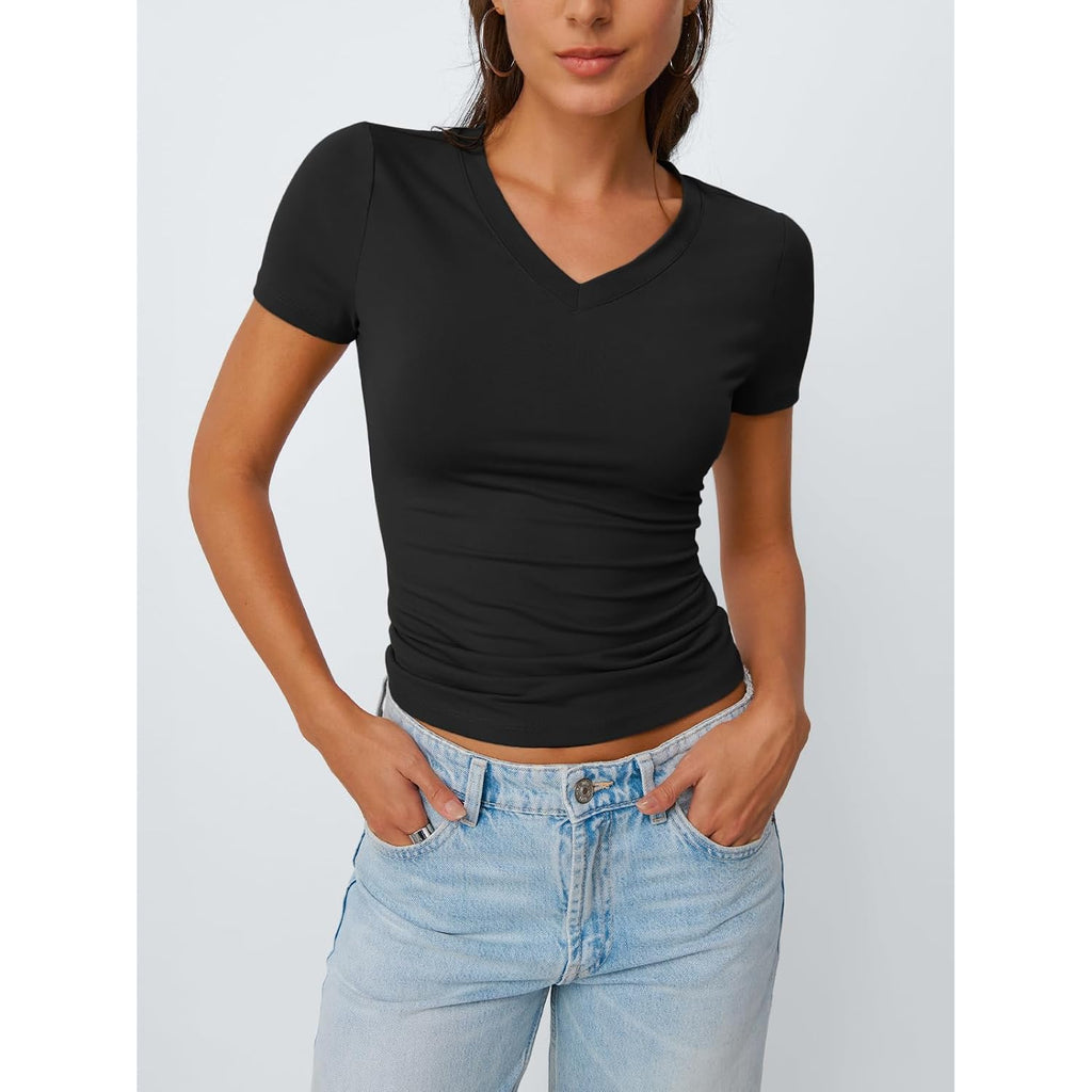 Trendy Queen Womens Basic V Neck Short Sleeve Spring T Shirts Slim Fit Crop Y2k Tee 2026 Summer Gym Workout Cute Top