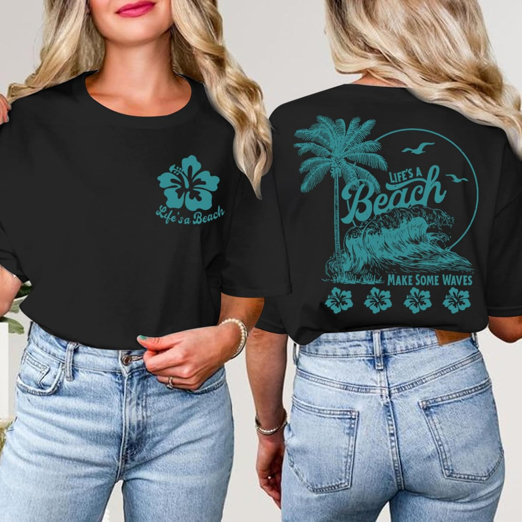 Hawaiian Beach T Shirts for Women Hibiscus Flower Palm Tree Shirt Tropical Graphic Tees Summer Beachy Vacation Tops