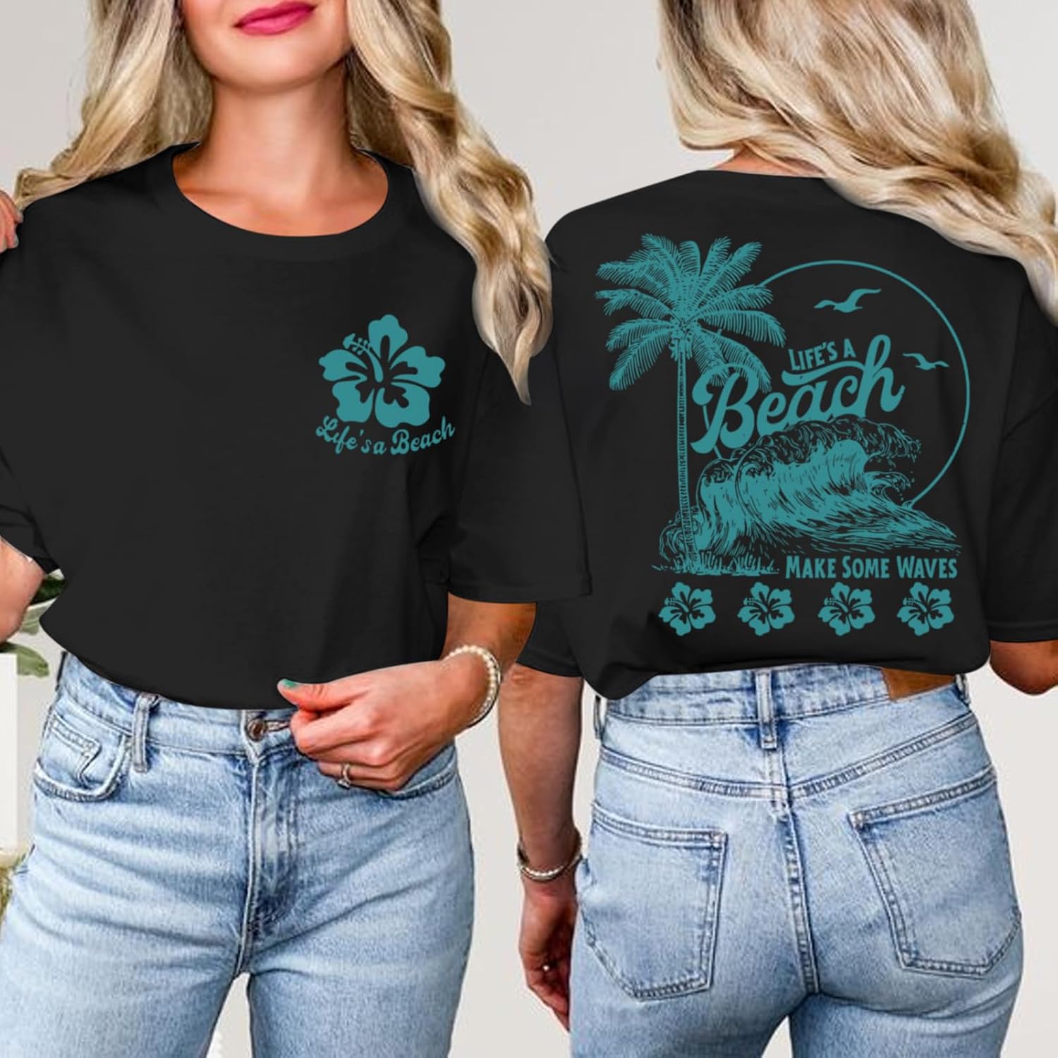 Hawaiian Beach T Shirts for Women Hibiscus Flower Palm Tree Shirt Tropical Graphic Tees Summer Beachy Vacation Tops