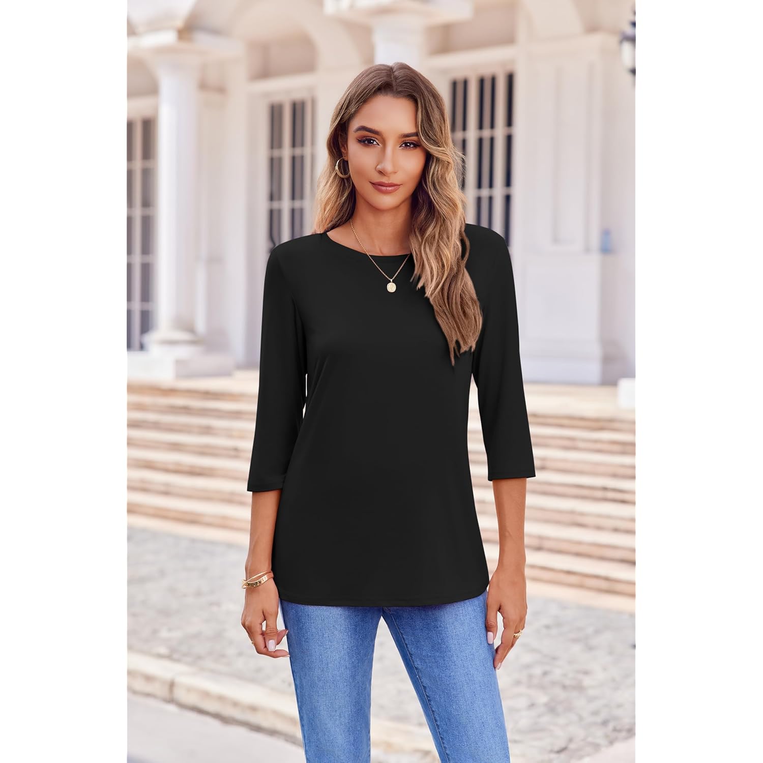 Women's Round Neck Business Tunic Top Black