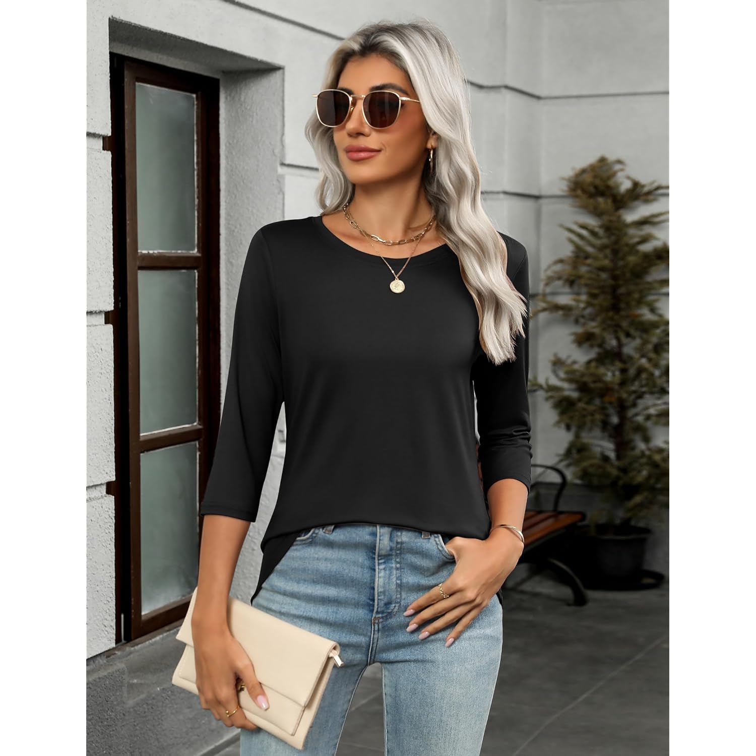 Women's Round Neck Business Tunic Top Black
