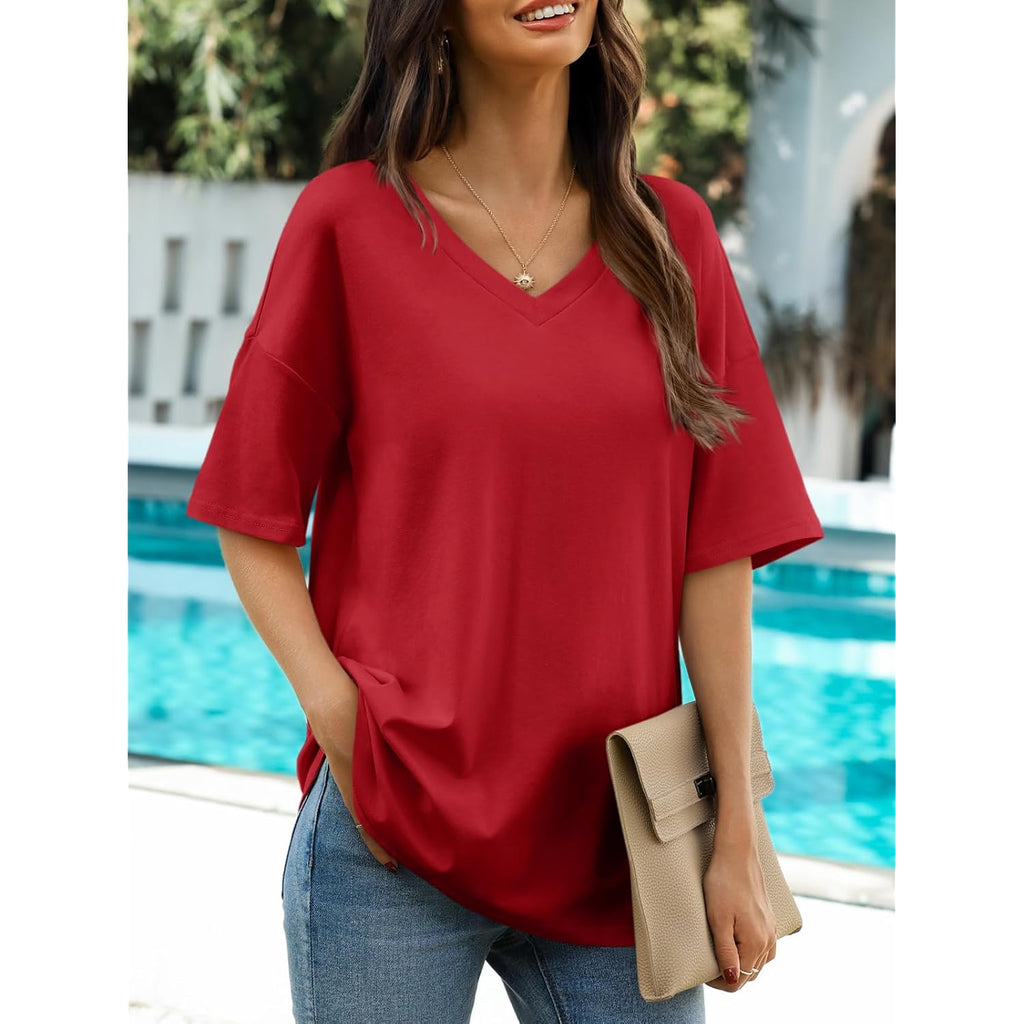 Women's Oversized V-Neck Tunic Top Red