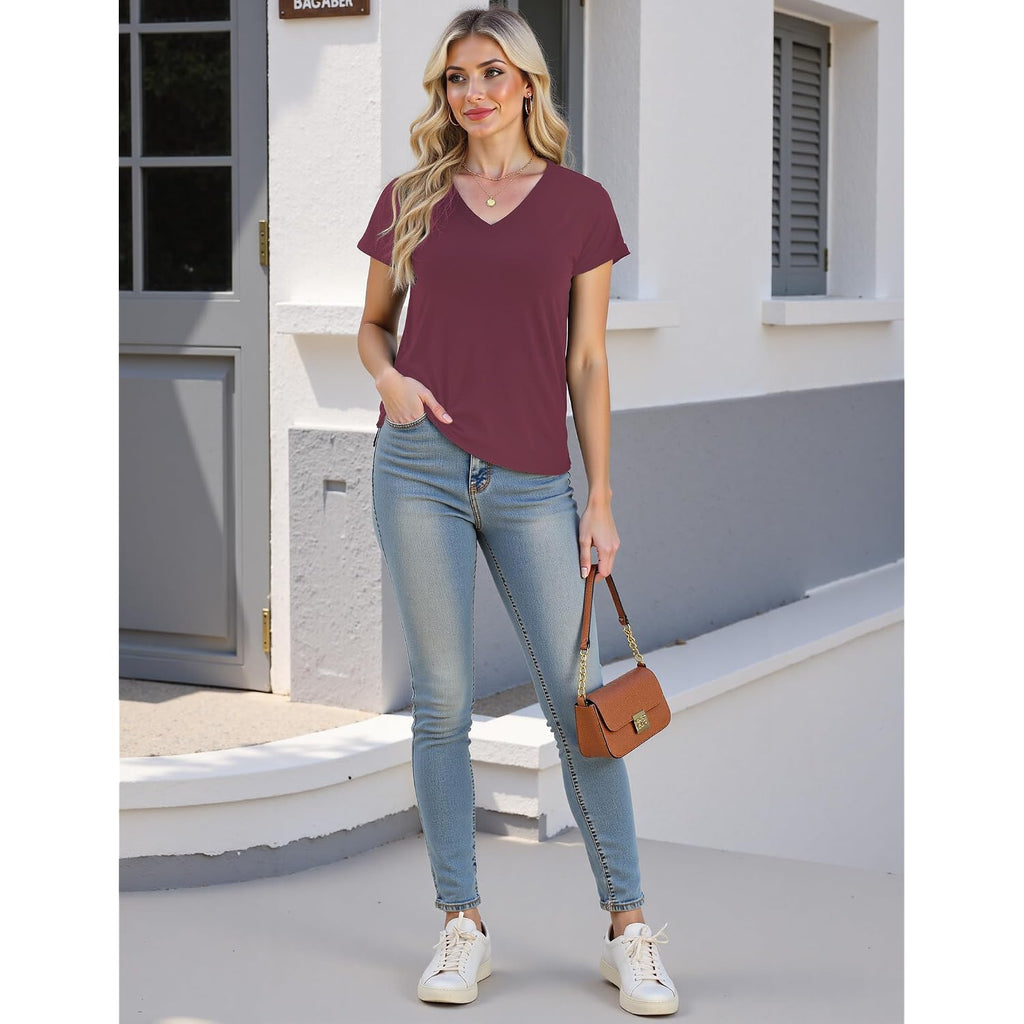 YOGINGO V Neck T Shirts for Women - Summer Fashion Trendy Outfits Clothes - Lightweight Soft Casual Women T Shirt