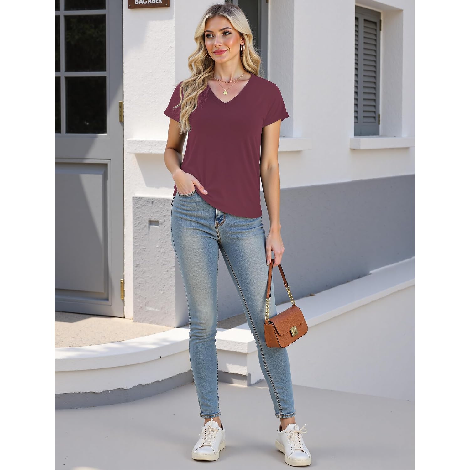 YOGINGO V Neck T Shirts for Women - Summer Fashion Trendy Outfits Clothes - Lightweight Soft Casual Women T Shirt