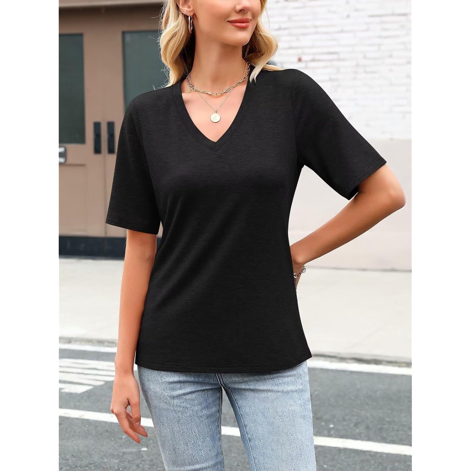 Minetom Women's V Neck T Shirts Casual Half Sleeve Tops Basic Summer Tees