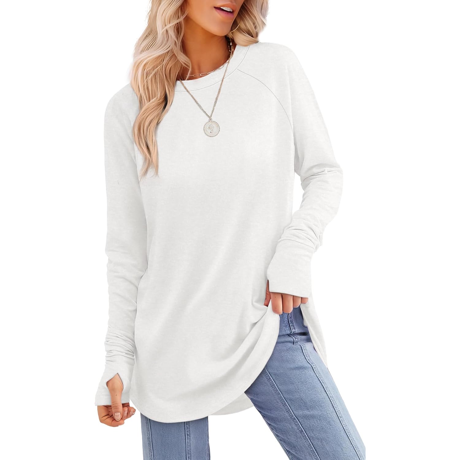 Women's Thumb Hole Crew Neck Tunic Top White