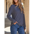 Dokotoo Women's 2026 Fall Summer Casual Long Sleeve Tops Lightweight Crew Neck Knit Basic Striped T Shirts