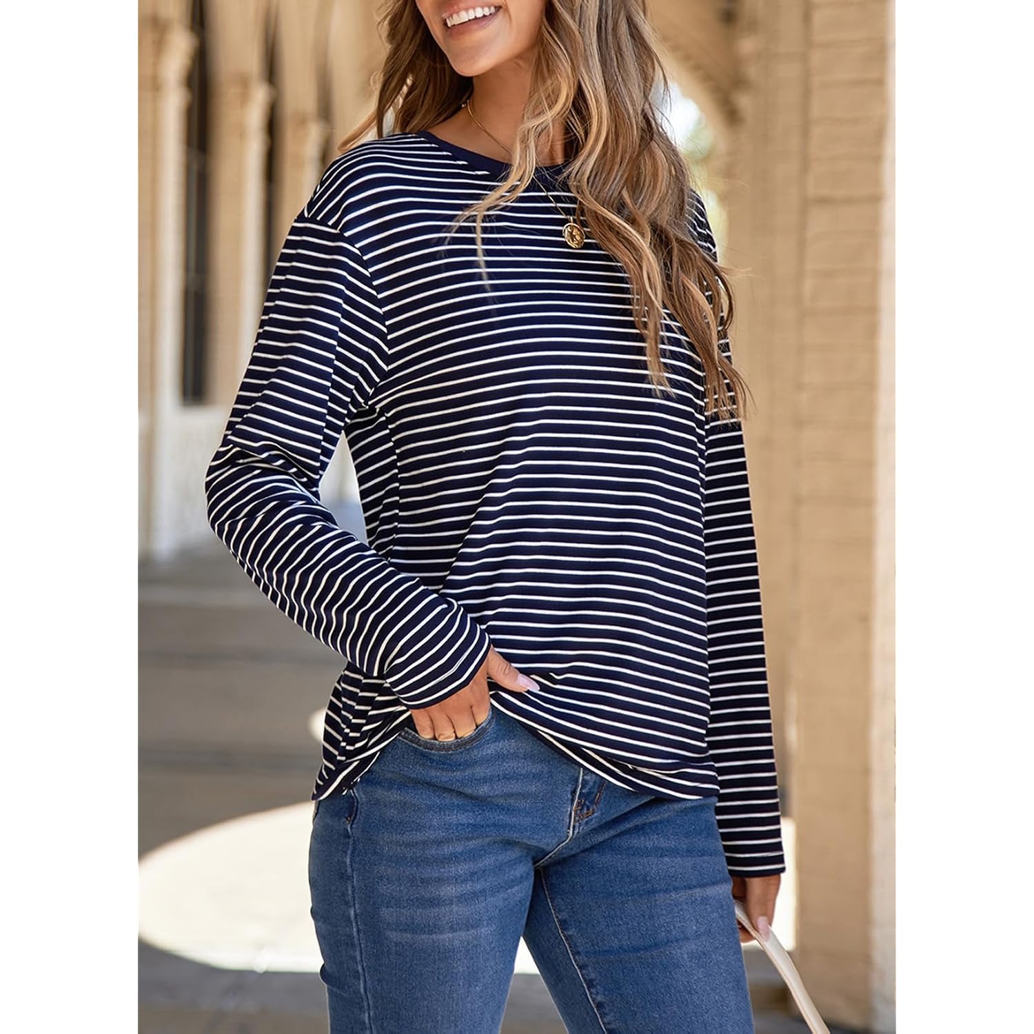 Dokotoo Women's 2026 Fall Summer Casual Long Sleeve Tops Lightweight Crew Neck Knit Basic Striped T Shirts