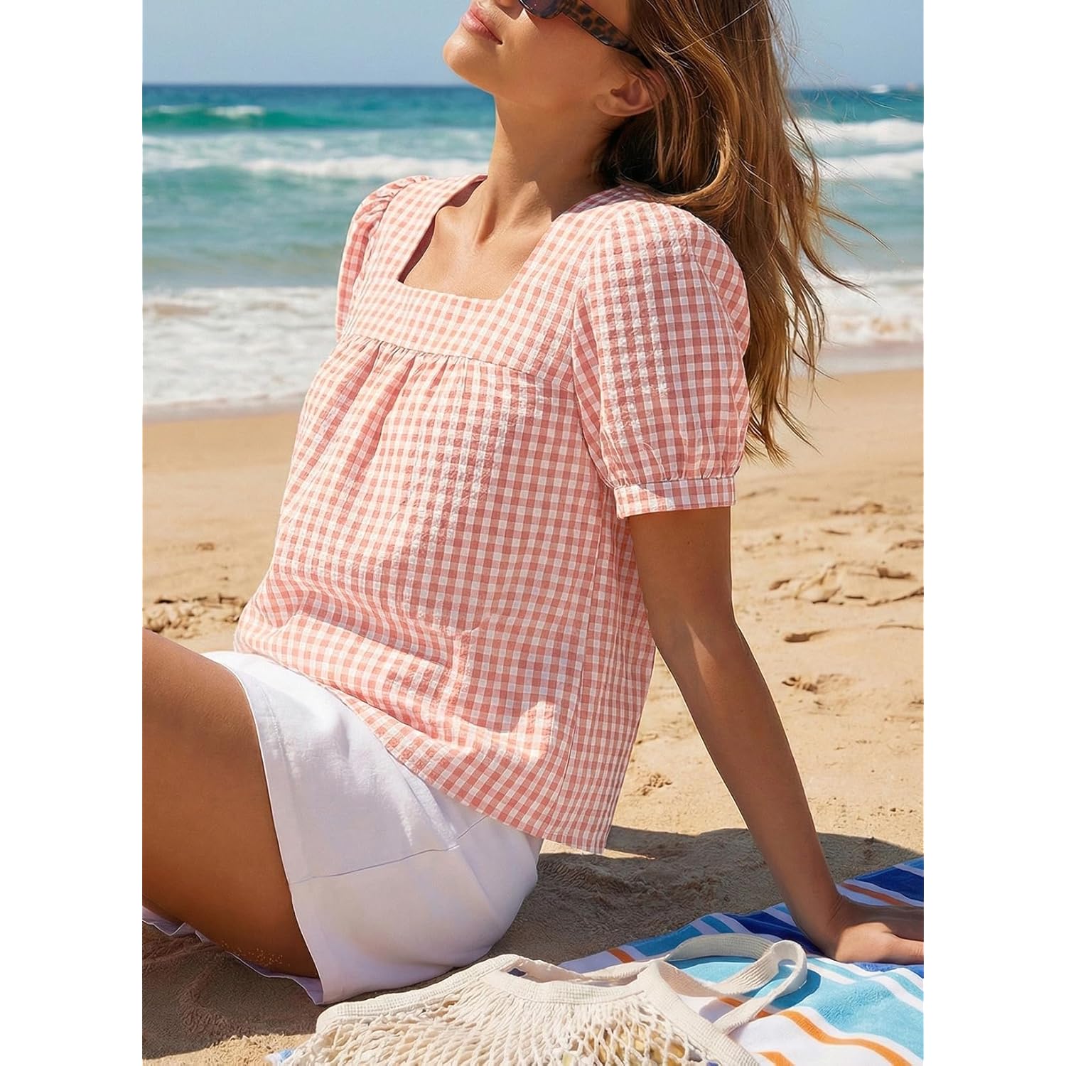Women's Square Neck Gingham Tunic Top Pink
