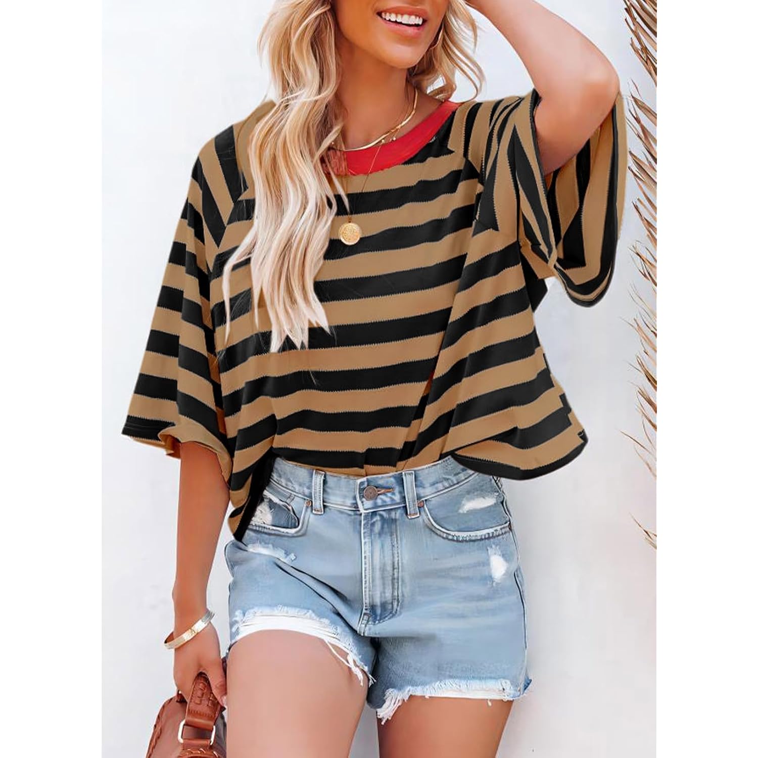Dokotoo Tops for Women Striped 2026 Fashion T Shirts for Women Color Block Crewneck Design Loose Basic Tee