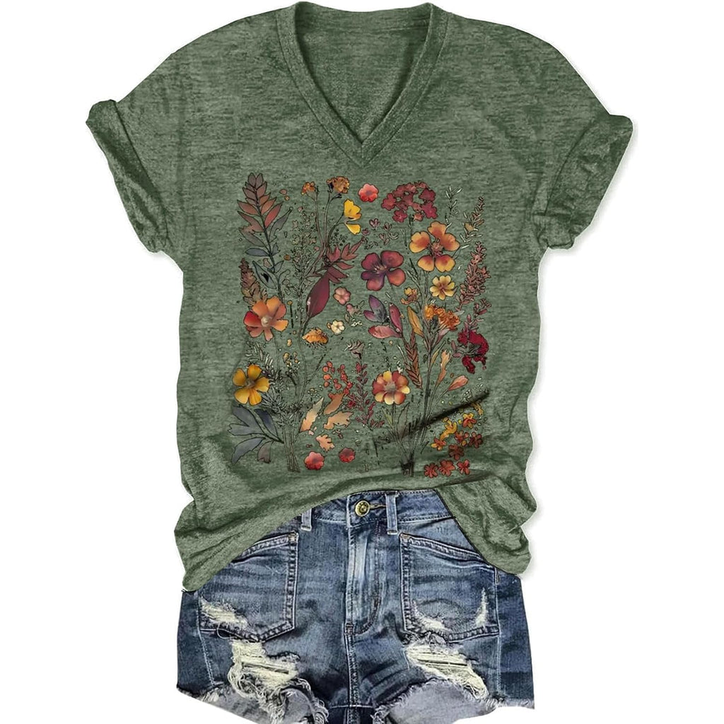 Women's T-Shirts V-Neck Boho Flowers Wildflowers Graphic Tees Shirts Cute Casual Summer Tops Short Sleeve T Shirt