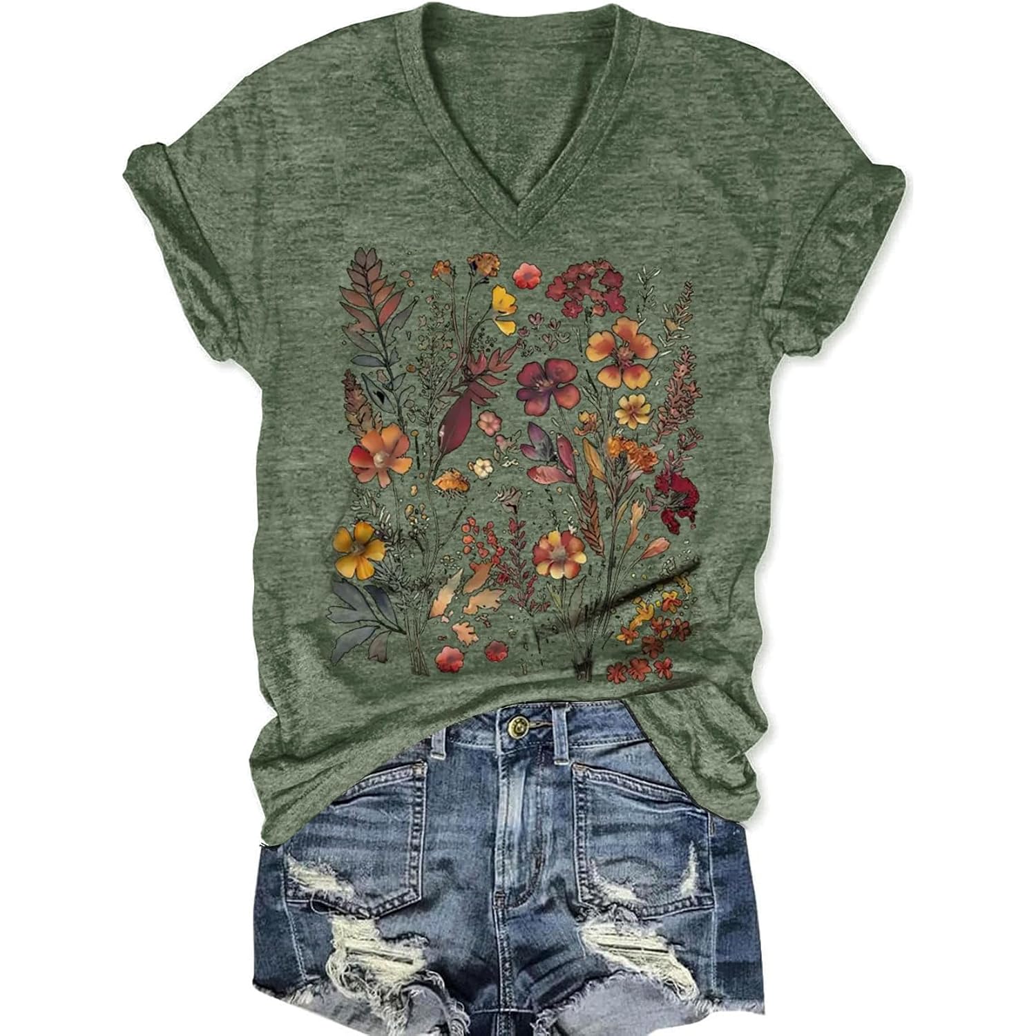 Women's T-Shirts V-Neck Boho Flowers Wildflowers Graphic Tees Shirts Cute Casual Summer Tops Short Sleeve T Shirt