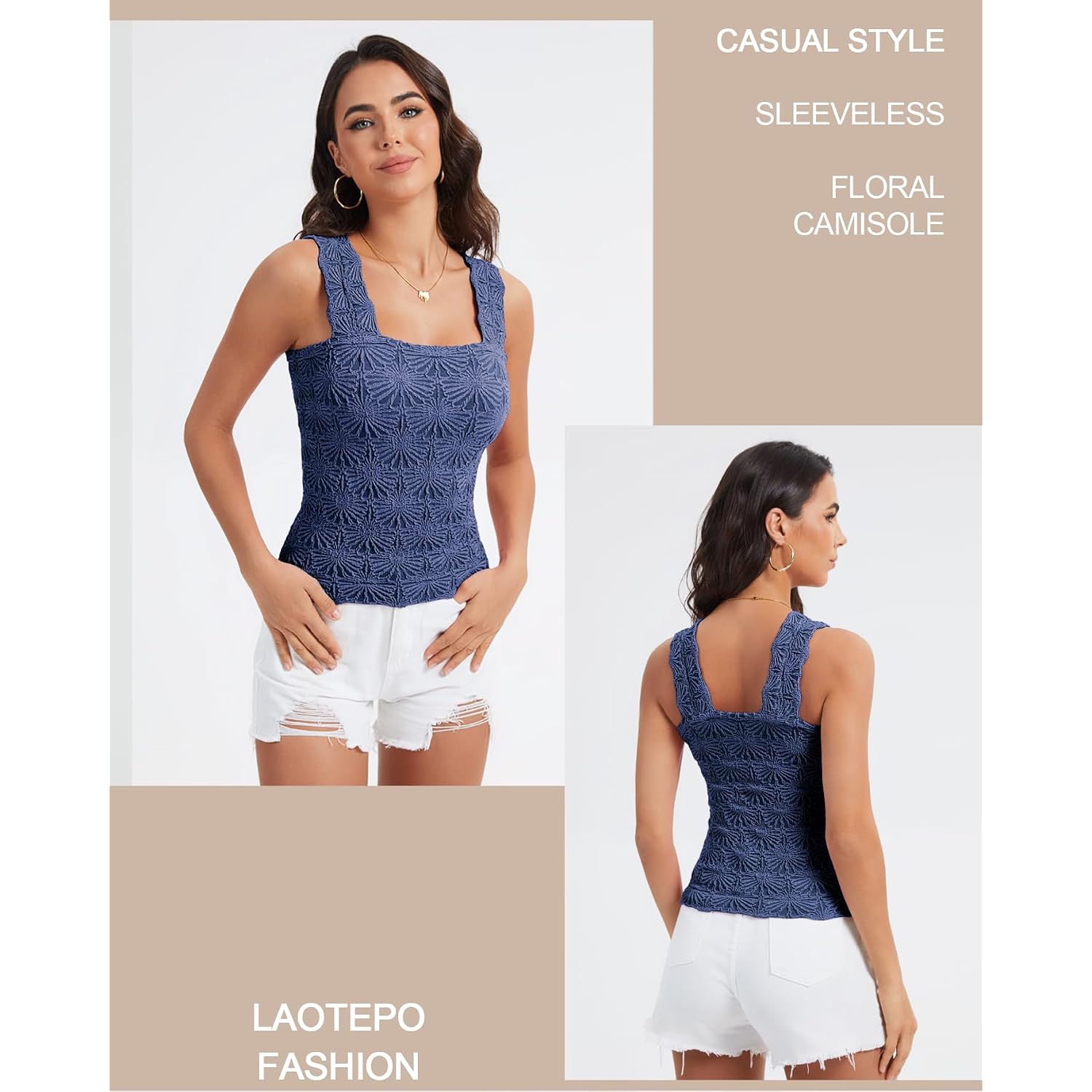 Women's Square Neck Wide Strap Crop Tank Tops Slim Fit Sleeveless Going Out Top Flower Lettuce Trim Cami Tops