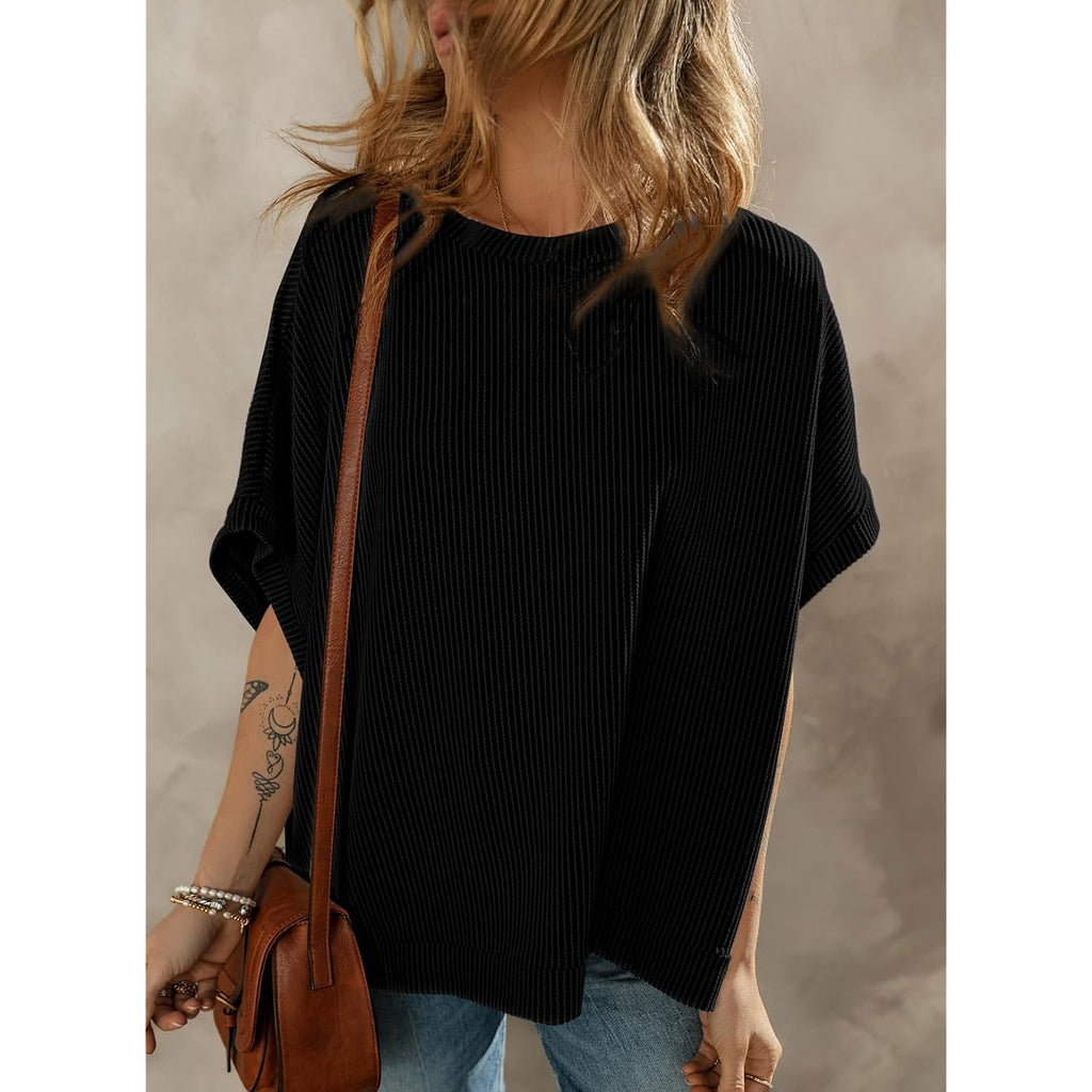 Dokotoo Women's Casual Oversized Short Sleeve Solid Color Loose Texture Knit Tunic Tops Blouses