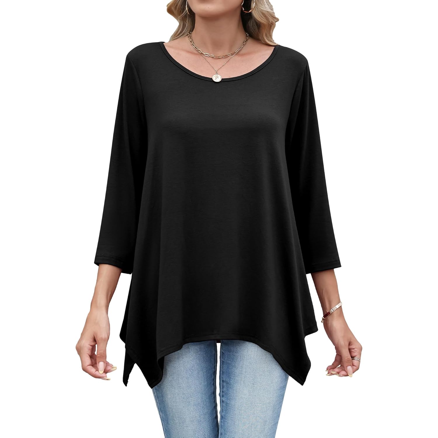 Women's Loose Fit Crew Neck Tunic Top Black