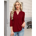 Women's Pleated Henley V-Neck Tunic Top Red