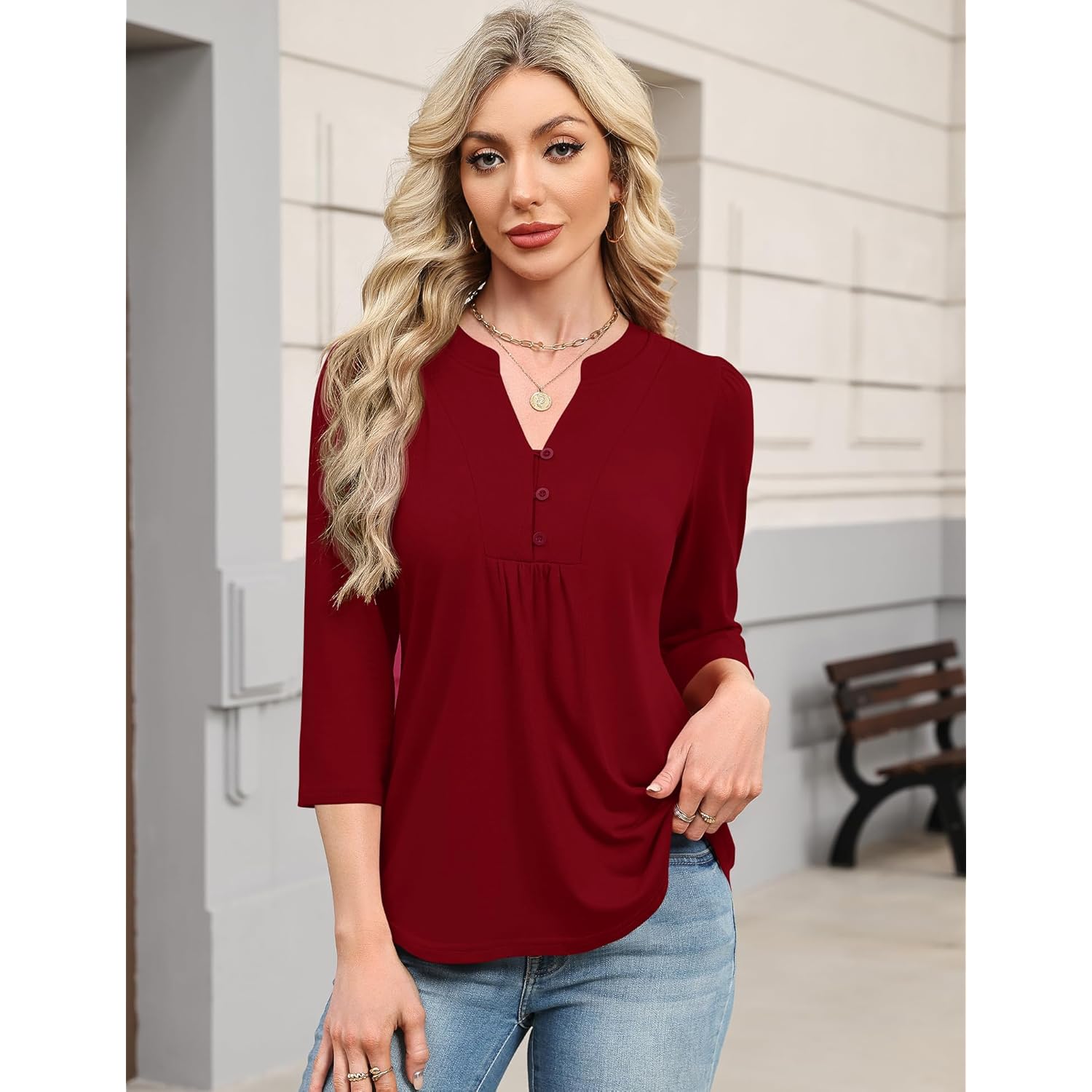 Women's Pleated Henley V-Neck Tunic Top Red