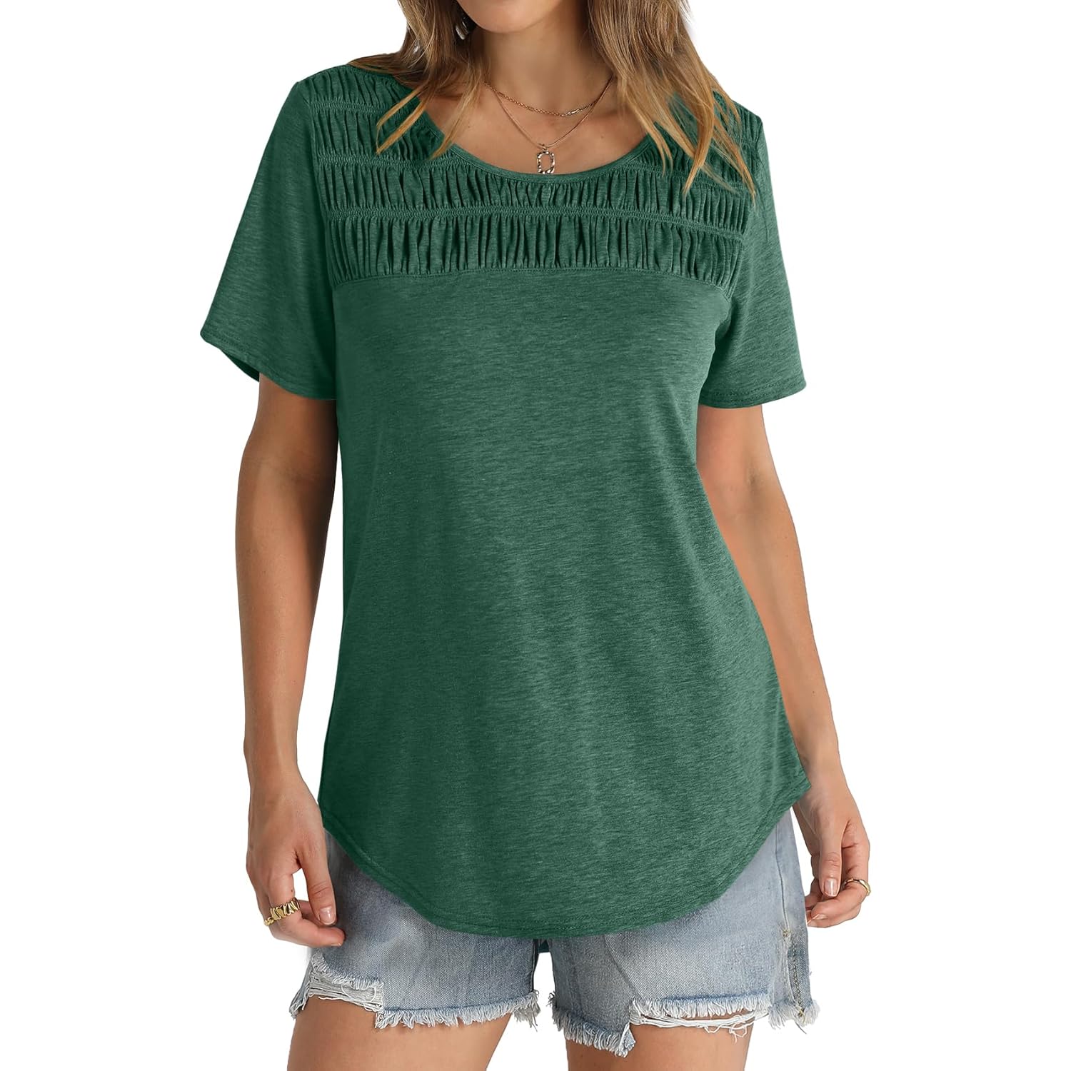 Women's Smocked Crewneck Tunic Top Green