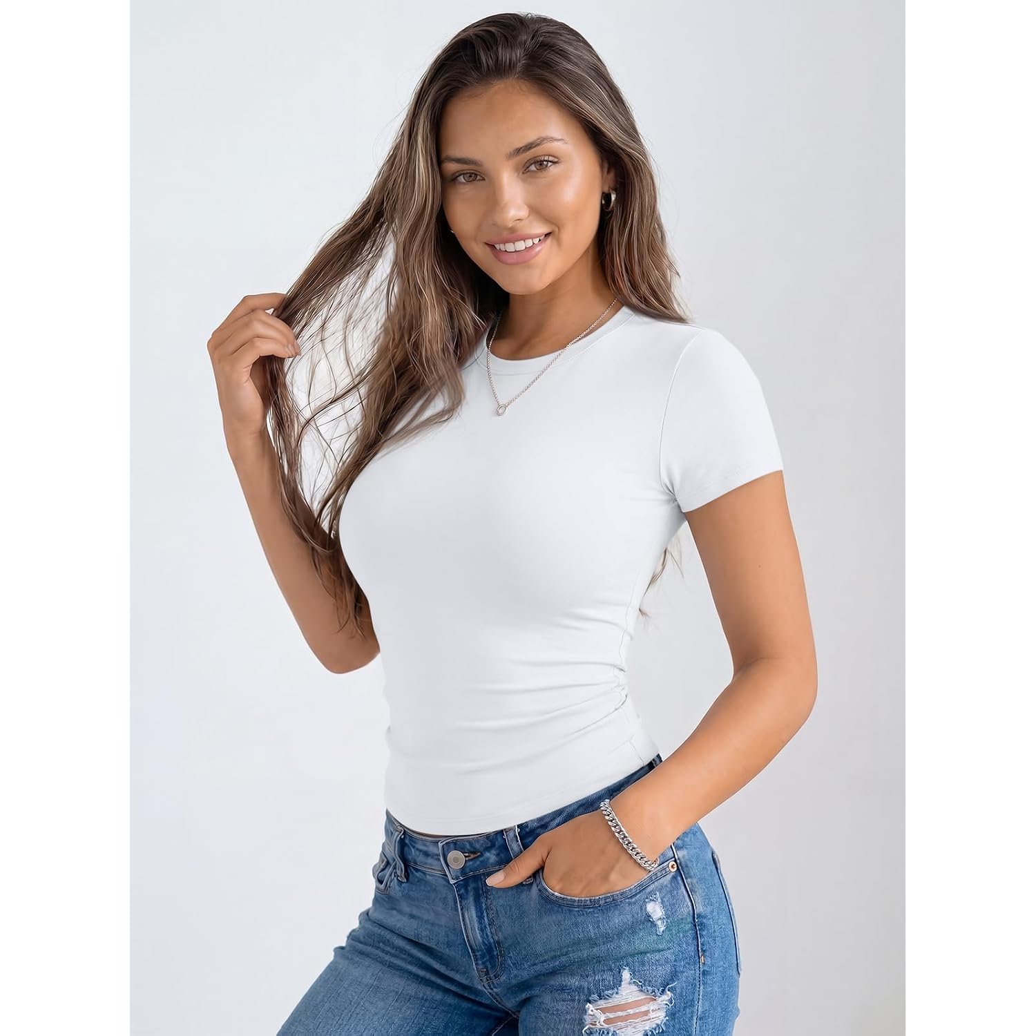 Trendy Queen Womens Basic T Shirts - Stretchy Soft Slim Fit Short Sleeve Y2k Cute Summer Crop Workout Tops