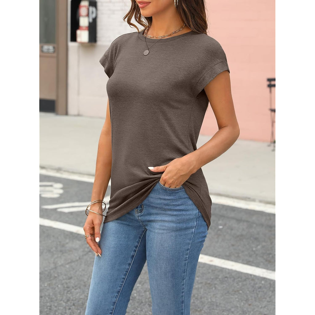 AUTOMET Womens Cap Sleeve Shirts Summer Soft Business Casual Tops for Work Tees