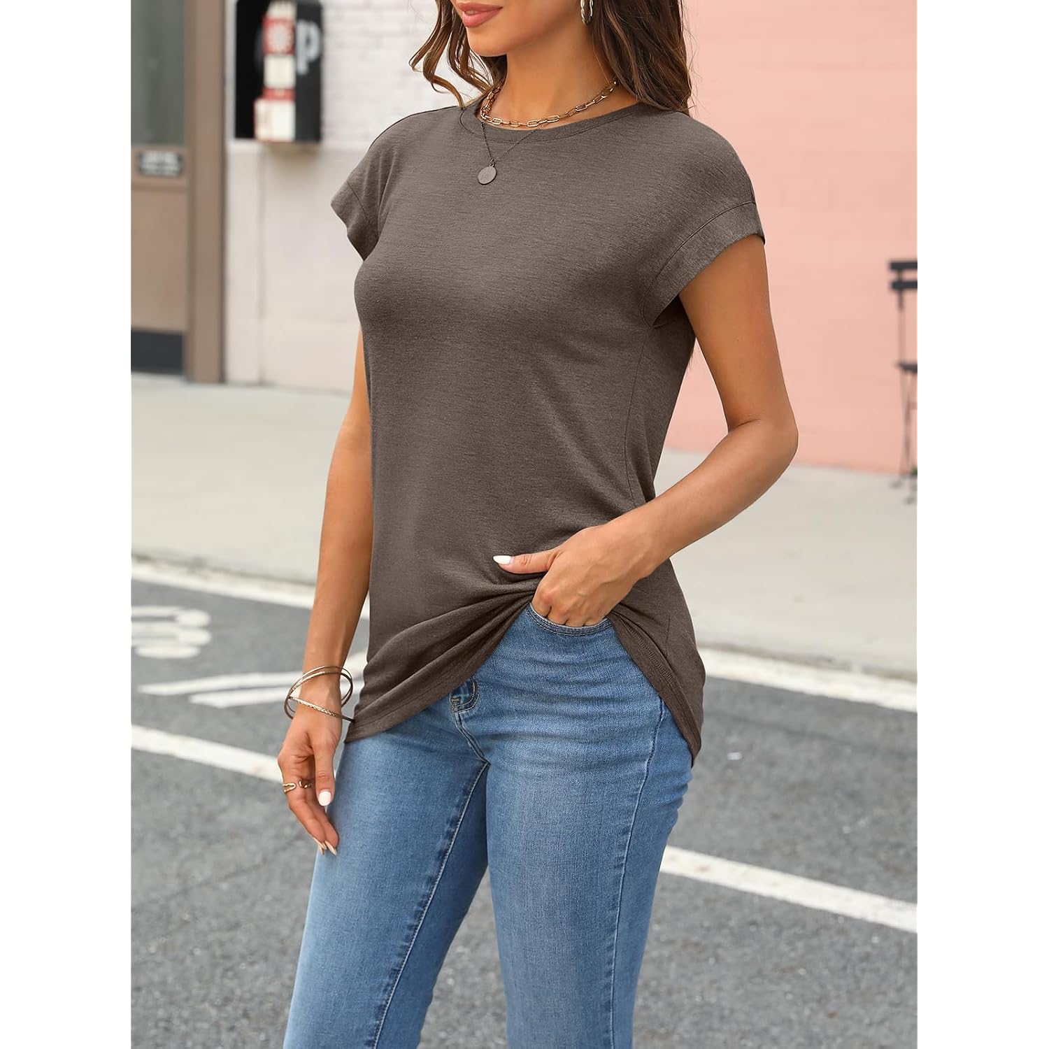 AUTOMET Womens Cap Sleeve Shirts Summer Soft Business Casual Tops for Work Tees