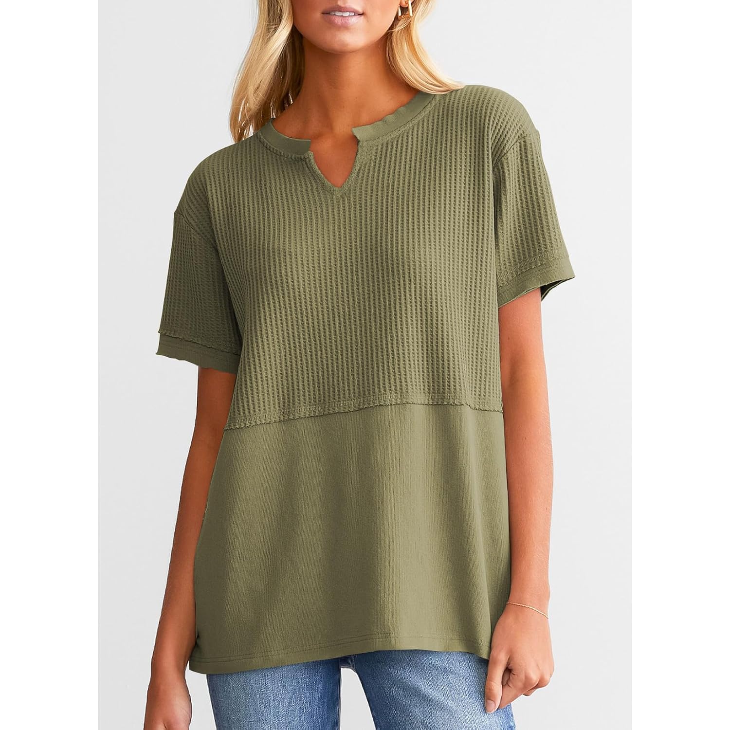 SHEWIN Womens Casual V Neck Waffle Knit Tops Short Sleeve T Shirts Loose Blouses
