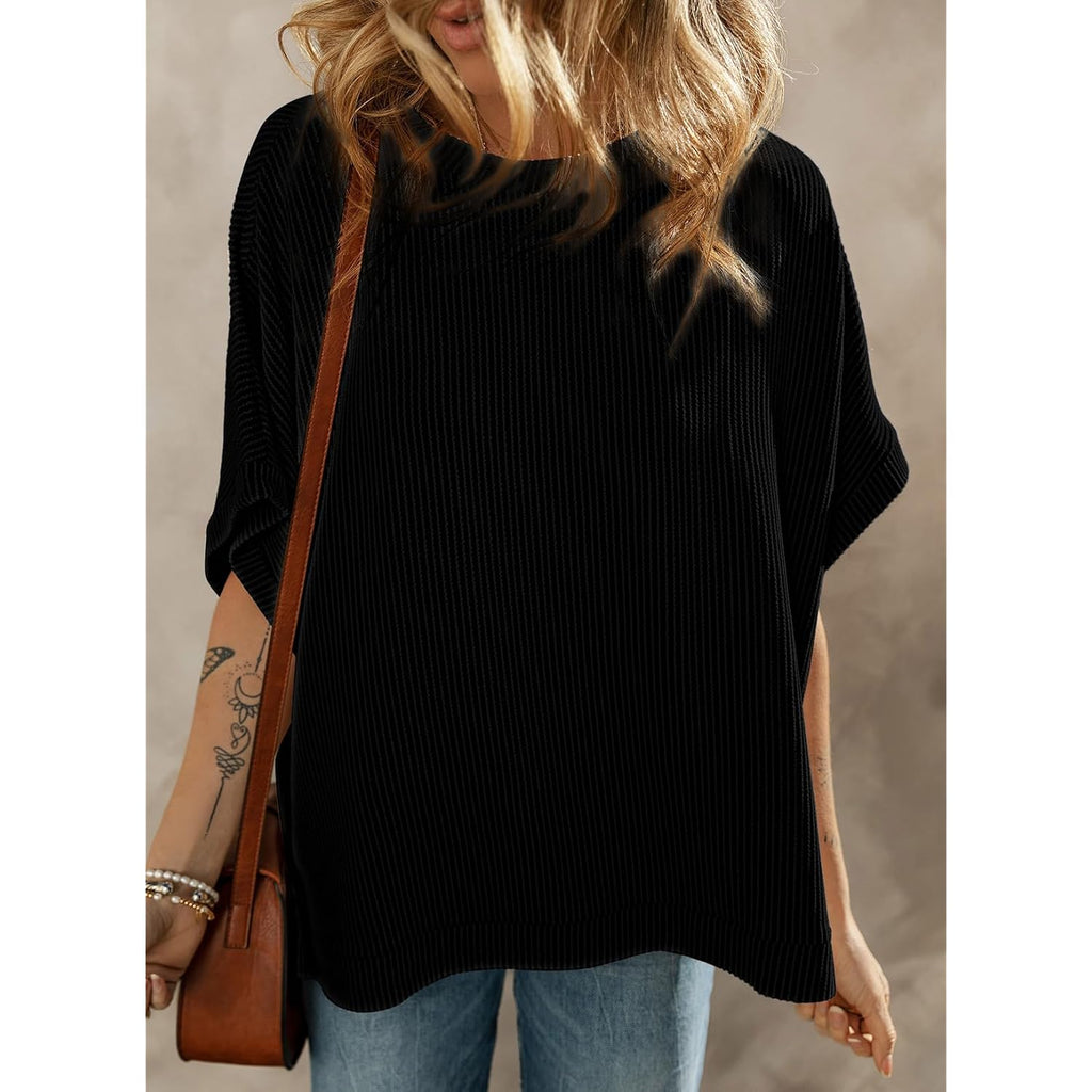 Dokotoo Women's Casual Oversized Short Sleeve Solid Color Loose Texture Knit Tunic Tops Blouses