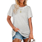 Jescakoo Womens Tops Summer Short Sleeve Ribbed Trim Crewneck T Shirts Spring Vacation Outfits Fashion Clothing Basic Tee