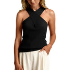 MOHHOM Women's Halter Neck Crossover Sleeveless Ribbed Knit Tank Top Slim Fit Casual Summer Basic Top