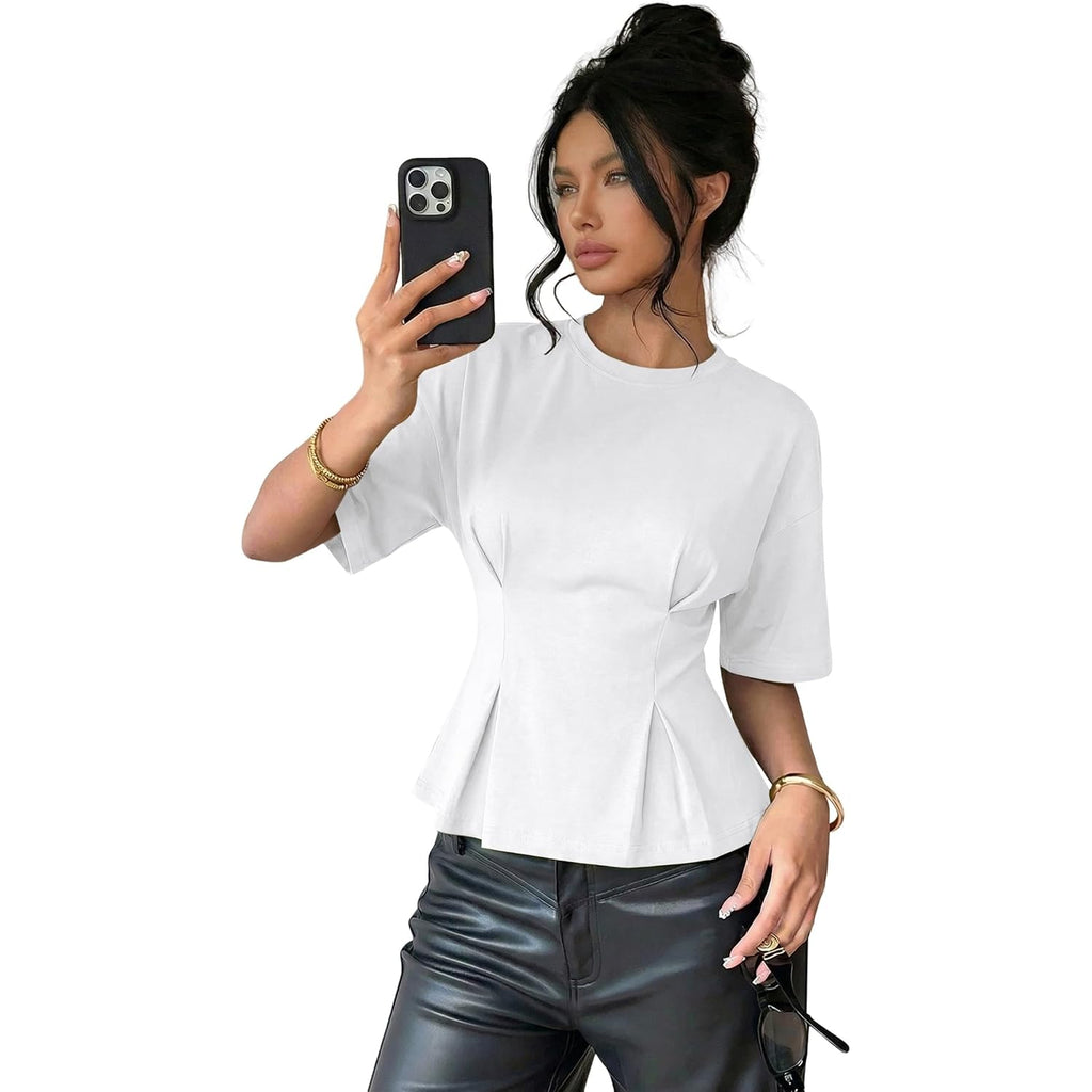 Dokotoo Womens Peplum Tops Summer Babydoll Short Sleeve T Shirts Casual Dressy Going Out Fashion Trendy Y2K Clothes