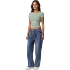 QINSEN Short Sleeve Shirts for Women Round Neck Basic Double Lined Tees Fitted Y2k Crop Tops
