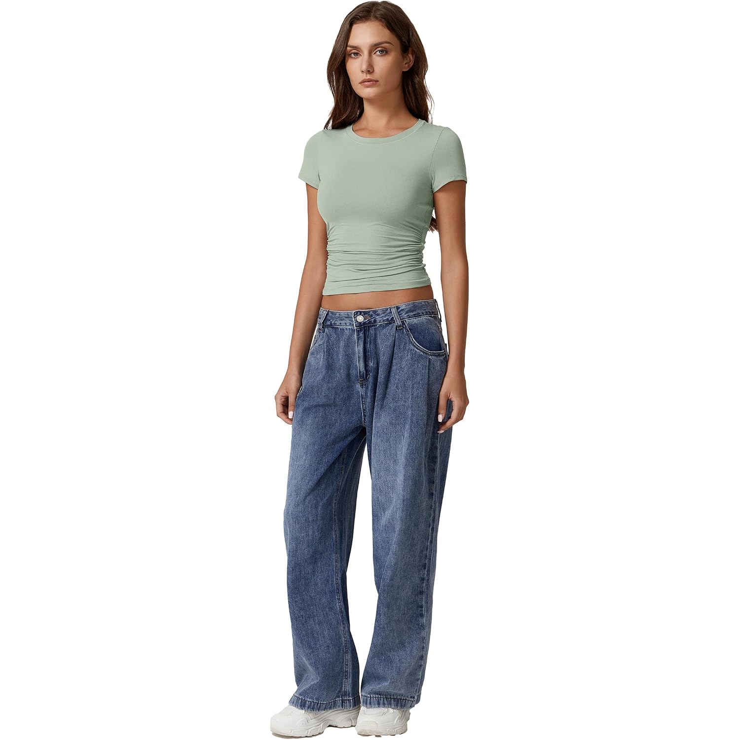 QINSEN Short Sleeve Shirts for Women Round Neck Basic Double Lined Tees Fitted Y2k Crop Tops