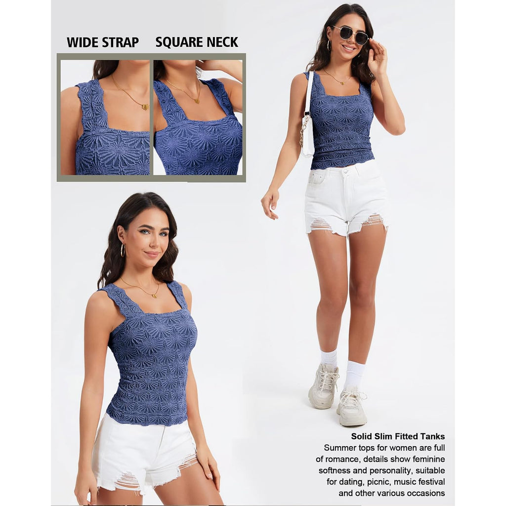 Women's Square Neck Wide Strap Crop Tank Tops Slim Fit Sleeveless Going Out Top Flower Lettuce Trim Cami Tops