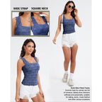Women's Square Neck Wide Strap Crop Tank Tops Slim Fit Sleeveless Going Out Top Flower Lettuce Trim Cami Tops