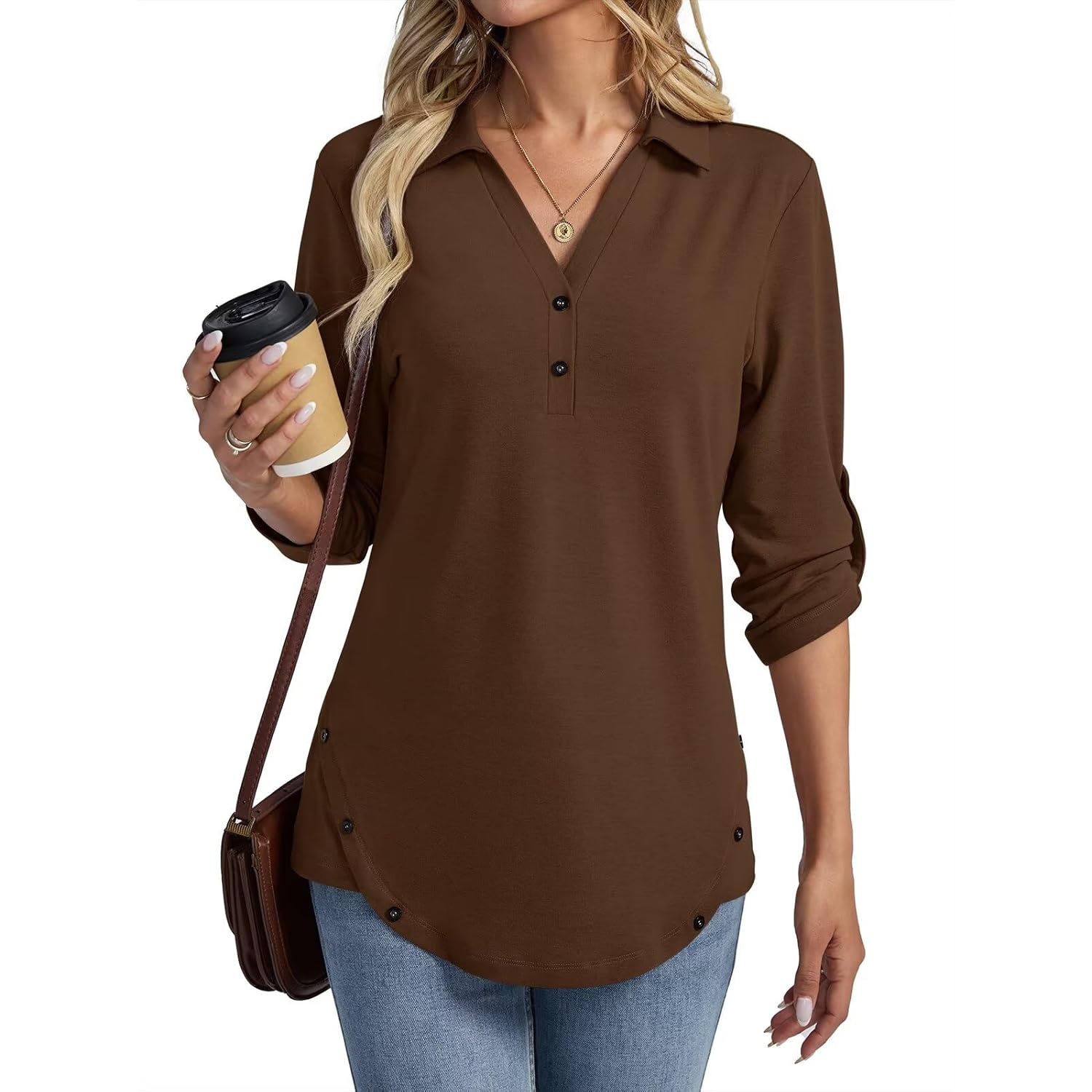 Women's Collared Button Detail Tunic Top Coffee
