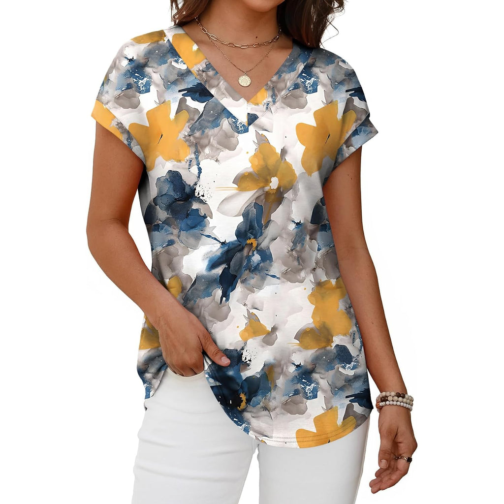Womens T Shirts V Neck Cap Sleeve Summer Tops Basic Women Blouses Beach Vacation Spring Clothes