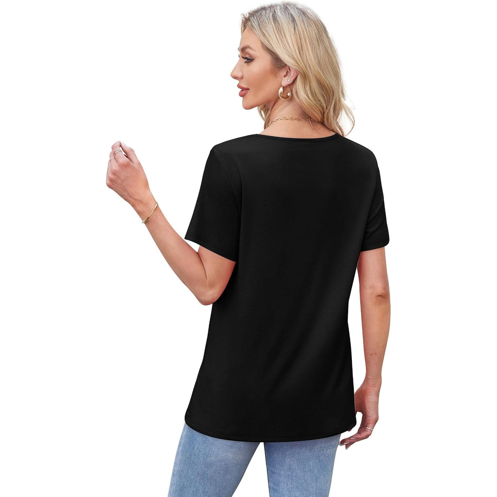 WIHOLL Womens Tops Short Sleeve T Shirts Pleated Dressy Casual Round Neck Summer Clothes Outfits Blouses Loose Fit