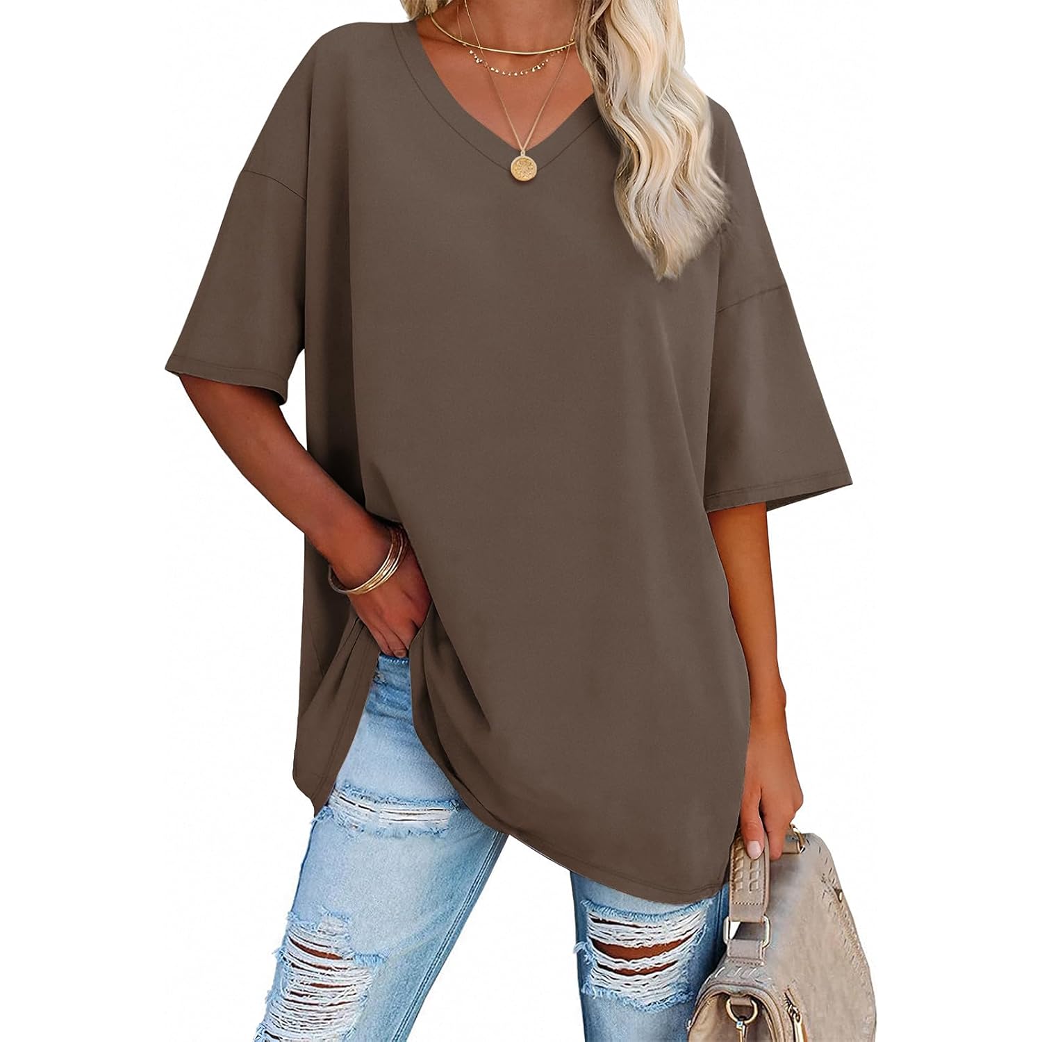 Women's Oversized V-Neck Tunic Top Light Brown