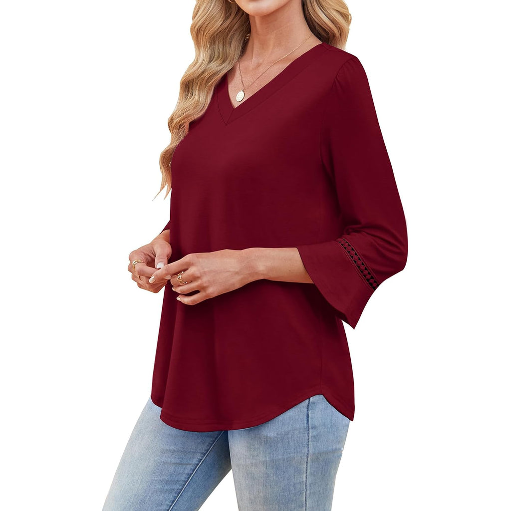 WIHOLL Womens Blouses Dressy Casual 3/4 Length Sleeve Tops Lace Trendy 2026 Spring Summer V Neck Shirts Vacation Outfits