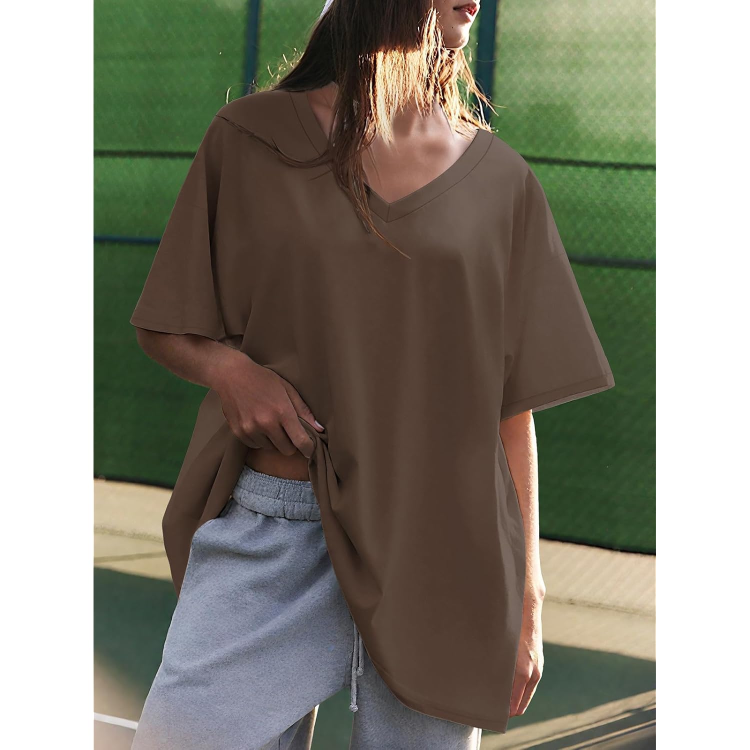 Women's Oversized V-Neck Tunic Top Light Brown